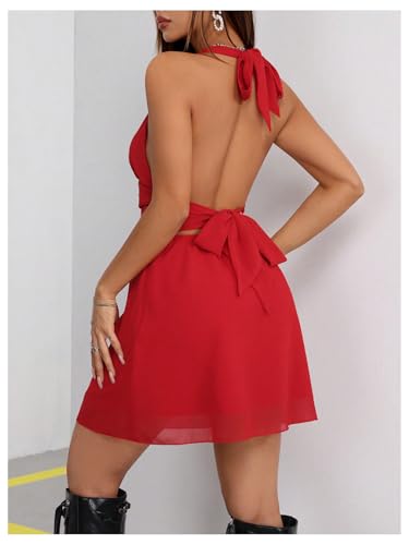 Milumia Women's Deep V Neck Halter Mini Dress Sexy Bow Tie Backless Short Dress2