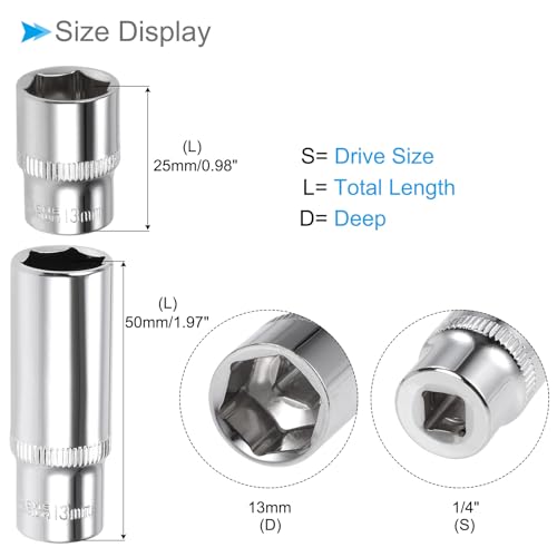 Image of 6-Point Socket, 1 /4 inch Drive 13mm Deep, Polished Chromed CR-V Metric Deep and Shallow Impact Socket - (Applications: for Ratchet Torque Electric Wrenches Car Repair), 2-Pieces
