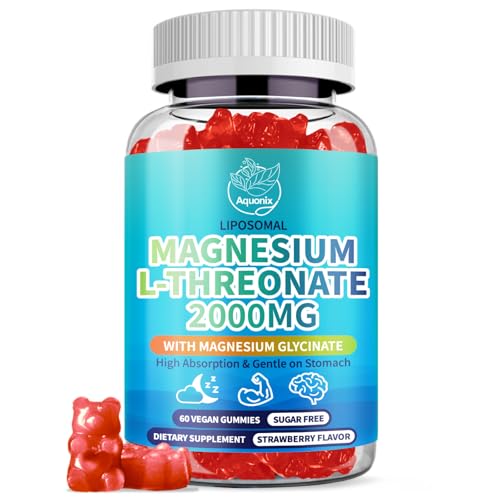 Aquonix Liposomal Magnesium L-threonate Gummies Sugar Free High Potent 2000mg Magnesium Threonate and Glycinate Supplement for Kids & Adults Vegan Non-GMO Strawberry Flavor 60 Chewables