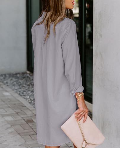 Image of Aoudery Womens Button Down Shirt Dresses with Pockets Cotton Button Up Tunics Long Sleeve Solid High Low Blouse Tops