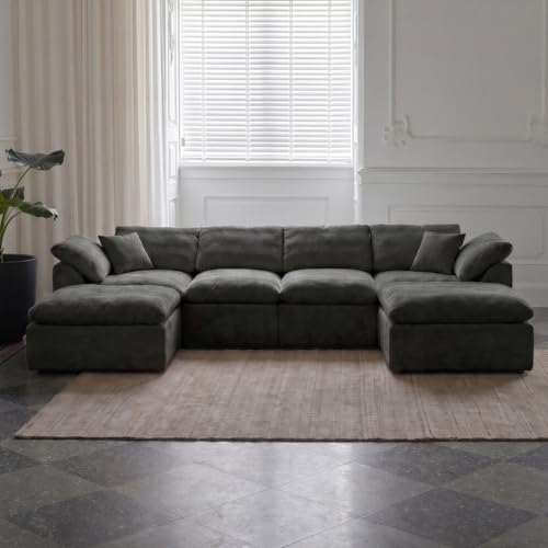 Image of Cloud Couch Sectional for Living Room, Modular U Shaped Boneless Sofa with Chaise, Compressed No Assembly Couch, Deep Seat Chenille Upholstered Convertible Sofa Bed(Jet Black)