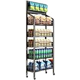 XNKLMYT 5 Tier Retail Display Rack, Metal Snack Rack with Wheels, 24inch Wide Chip Snack Display Stand with 15 Hooks for Kitchen Office Supermarket, Black