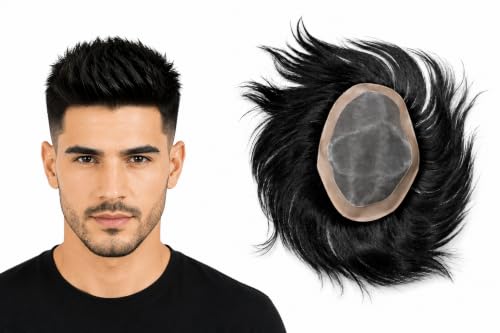 Image of Euphoria PREMIUM MONO Hair Patch for Men | 100% Natural Human Toupee | Durable PU Border System | Non-Surgical Replacement Wig | Install with Tape, Clips or Glue | (Black, 10x7)