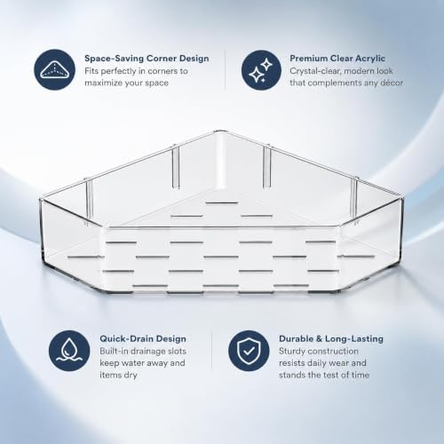 Image of Nieifi KIMEE Acrylic Corner Bathroom Shelf Organizer with Drain Holes - Transparent Triangle Storage Rack for Bathroom Counter, Kitchen Sink & Vanity Essentials, Space Saving Bath Caddy (Pack of 2)
