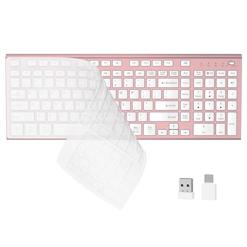 FENIFOX Wireless Silent Keyboard Ultra Quiet USB C Low Profile Compact Full Size with Number Pad Flat Slim Thin Soft Touch for Mac Computer MacBook iMac PC Laptop Desktop Office (Pink Rose Gold)