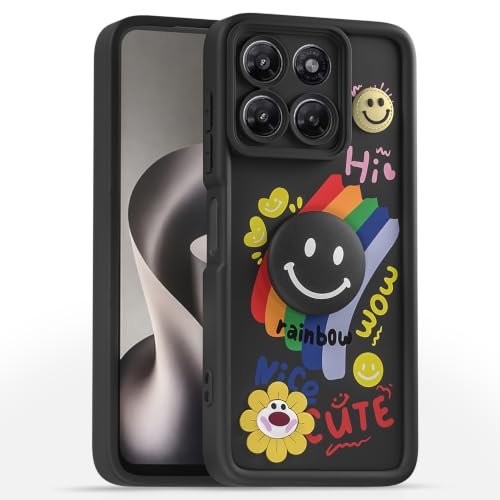 Image of Pikkme Back Cover for Motorola Moto G37 Power 5G | Soft Silicone| Cute Rainbow Smile & 3D Cartoon Flower Design | Shockproof Raised Camera Protection Bumper Case (Black)