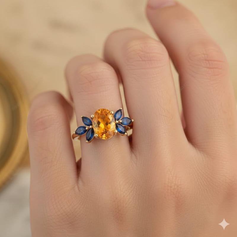 14K Gold Plated Oval Citrine and Blue Sapphire Marquise Flower Statement Ring Women Ring Handmade Jewelry GMR126