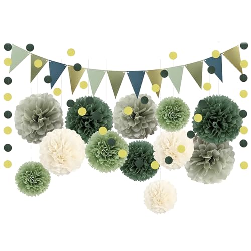 Kit Décoration Anniversaire Vert Sauge 16 Pièces, Pompon Papier de Soie pour Mariage Champêtre et Baptême Garçon, Guirlande Fanion Or et Crème, Déco Chambre Bébé, Gender Reveal et Fête Bohème Chic