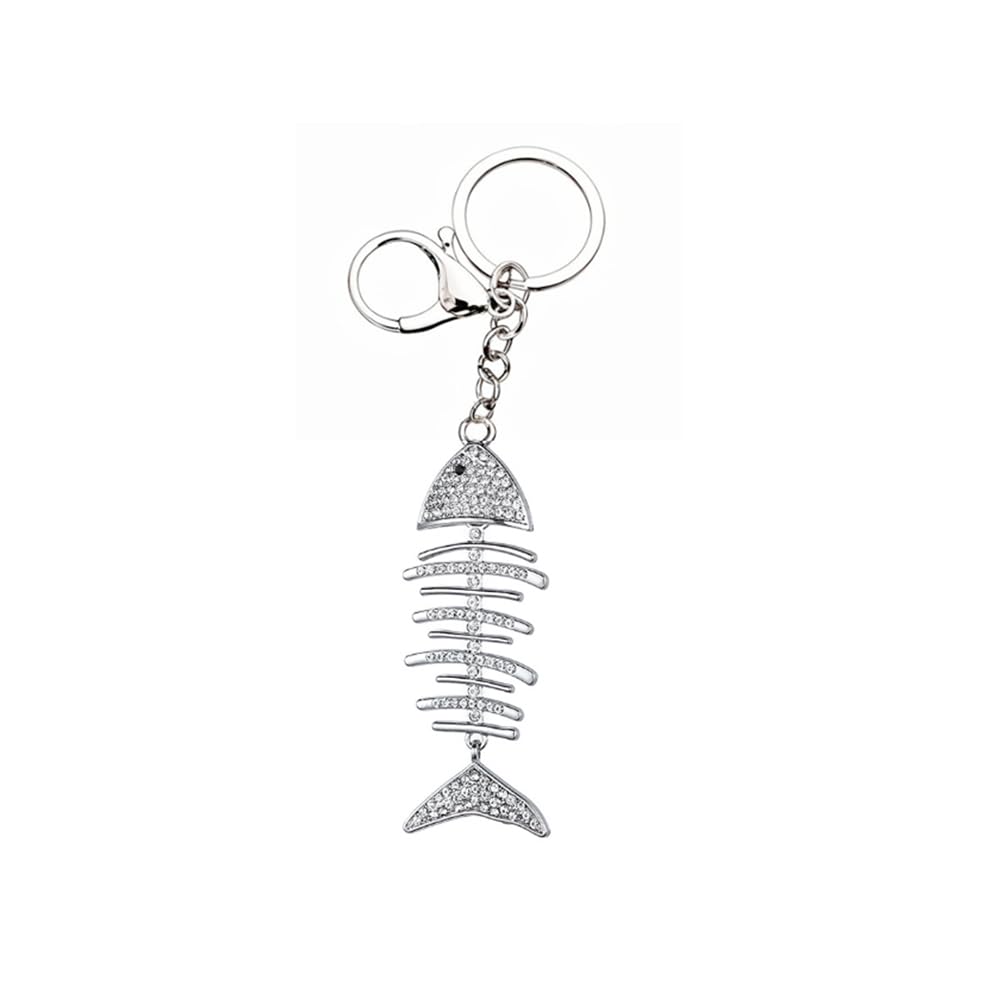Arfuka Unisex Silver Sparkling Crystal Rhinestone Keyring Key Ring Fishbone Design Car Keychain Jewelry For Women Men, Bag Purse Charm Accessory