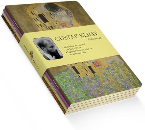 Retronote Gold Series - A5, Gustav Klimt 4'lü Defter Seti I, Çizgisiz, Toplam 256 Sayfa, Her biri 64 Sayfa, Tel Dikiş, Esnek Kapak, Oval Kenar, Tuval Doku, 60 gram, Sarı Krem Renk - Görsel 1