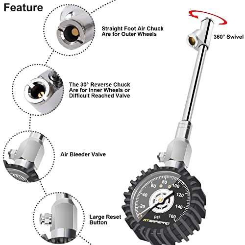 Atsafepro Tire Pressure Gauge 160Psi,Tire Pressure Gauge Equipped With Extended Chuck And 2.5" Dial Easy For Readings, Analog Tire Gauge Suitable For Cars, Bikes, And Semi, Rv #TOP4