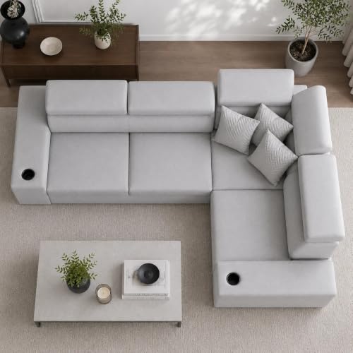 Image of Torque Sienna 4 Seater L Shaped Sofa Set for Living Room - Light Grey-RHS | Premium Fabric Sofa with Adjustable Headrests & Cup Holders | L-Shape 4 Seater Couches