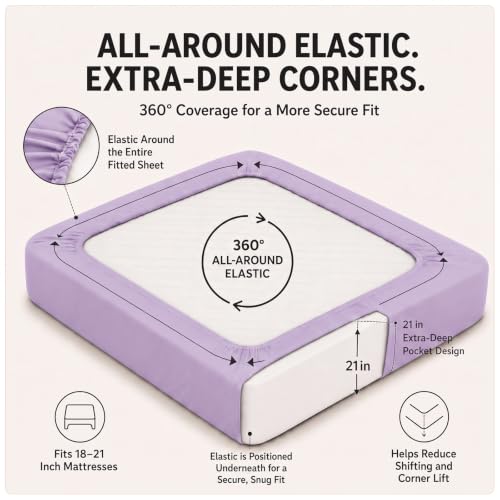 Image of CozyLux 6-Piece King Size Sheet Set, Fits 18-21 Inch Mattresses, Oeko-TEX | 4 Pillowcases, 1 Flat Sheet and 1 Fitted Sheet with All-Around Elastic and 21-Inch Deep Pocket for a Secure Fit, Lavender