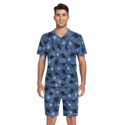 Men's Short Sleeve Pajama Set Cartoon Dinosaur Summer Pjs Set 2 Piece Loungewear Sleepwear with Pockets4