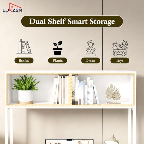 Image of Lukzer Study Table with Open Bookshelf | MST-010 /White & White | Engineered Wood with Metal Frame Desk | Modern & Space Saving Computer Workstation with Hutch for Home Office (143x83x50 cm)