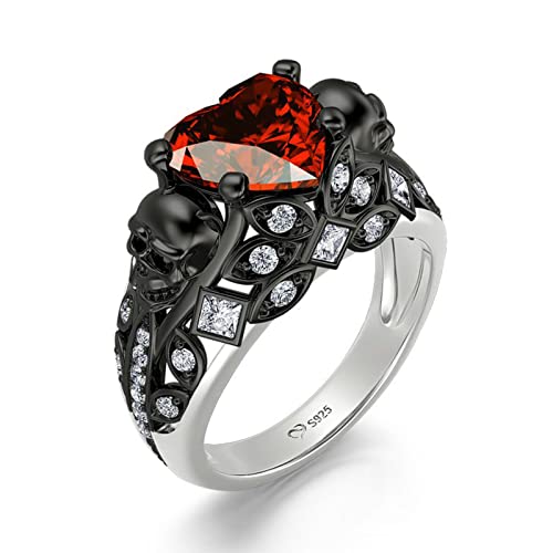 Bague de fiançaille noir skull rouge grenat en argent sterling pour femme