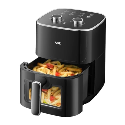 ASZ 5qt Air Fryer Compact Knob Black for dorm office - 4.7L Airfryer with Window 1400W Visual Basket - Non-Stick Pan, Manuel Control Max 60s Timer & 400℉ Kitchen Airfry Countertop Gift