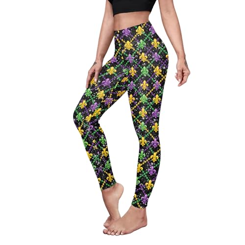 Eciodci Womens Mardi Gras Leggings Carnival Purple Green Gold Fleur De Lis 3D Printed High Waist Tight Pants for Women