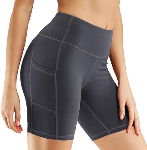 Tesuwel Women's Yoga Shorts with Pockets High Waisted Workout Shorts for Women Quick Dry Compression Running Athletic Shorts Womens Stretch Knee Length Sports Shorts for Gym Exercise Grey XL