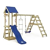 WICKEY Spielturm Klettergerüst TinyLoft mit Schaukel & Blauer Rutsche, Outdoor Kinder Kletterturm mit Sandkasten, Leiter & Spiel-Zubehör für den Garten
