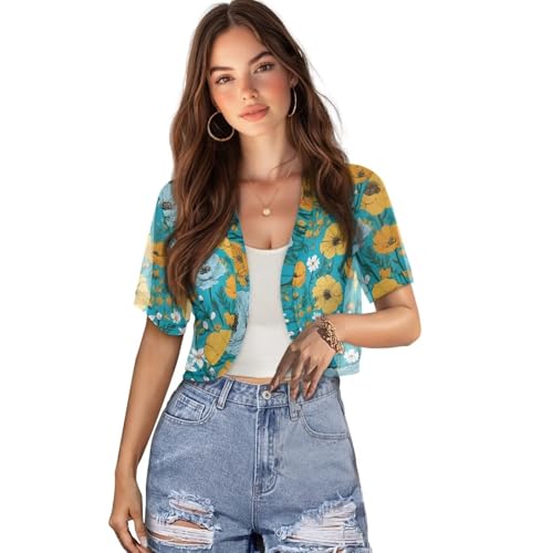 Image of Womens Short Sleeve Cardigans Lightweight Summer Cardigan Trendy Bolero Shrug Cute Floral Cardigan Sheer Bolero
