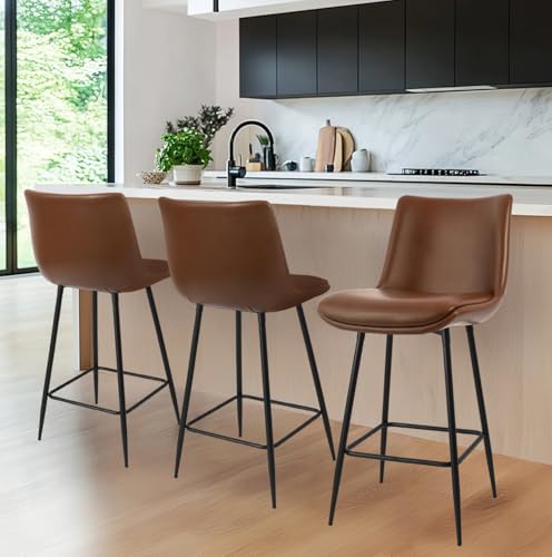 Image of Counter Height Bar Stools Set of 3, FSC Certified Upholstered Faux Leather Barstools with Back, Metal Base, 27 inch Seat Height, Modern Upholstered Counter Stools for Kitchen Island,(Walnut Brown