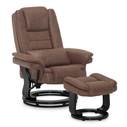 M MCombo Relaxsessel mit Liegefunktion, Lesesessel, 360° Drehbarer Fernsehsessel, mit Hocker, mit Kissen & Seitentasche, bis 120 Kg Belastbarer TV-Sessel für Wohnzimmer, 9099 (Mikrofaser, Braun)