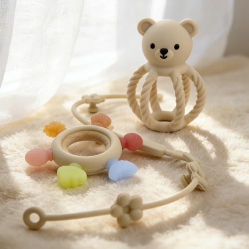 Image of 3Pcs Baby Silicone Teether Toy Set - Food-Grade Silicone Teething Relief Toys,Wooden Ring Teether Cute Bear Toy and Toy Straps for Babies 3-12 Months (Bright Beige)
