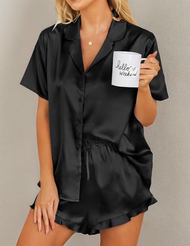Image of Ekouaer Womens Satin Pajamas Set Button Down 2 Piece Silk Pjs Shorts Set Ruffle Lingerie Notch Collar Sleepwear