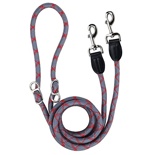 Laisse de Chien de Longueur Réglable Librement, 2,6m Réfléchissants Nylon Double Laisse pour Chien, Multifonctionnelle Mains-Libres, pour Moyens et Grands Chiens (Rouge & Gris, L - 1,2 x 260 cm) Cover
