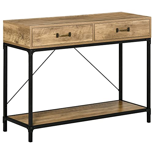 HOMCOM Table Console Table d'appoint d'entrée Industriel dim. 100L x 35l x 76H cm avec 2 tiroirs et 1 Plateau Aspect Bois