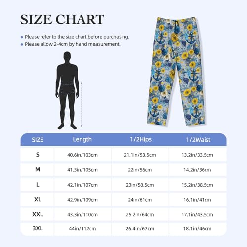 Mens Pajama Pants - Yellow Daisy Anchor Print Soft Sleep Lounge Pants For Men, Casual Pj Bottoms With Pockets3