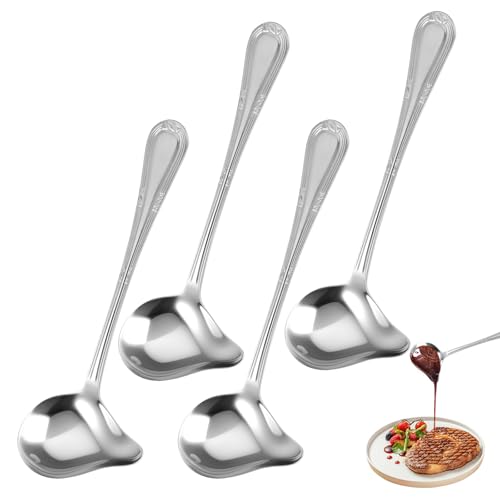 4 Pièces Louche à Sauce avec Bec Verseur, 21 cm Cuillères à Sauce en Acier Inoxydable Cuillères à Sauce Argenté Lavable au lave-vaisselle pour Soupes,...
