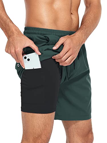 Komorebi Mens Swim Trunks with Compression Liner 7 Inch Inseam Boxer Brief Liner