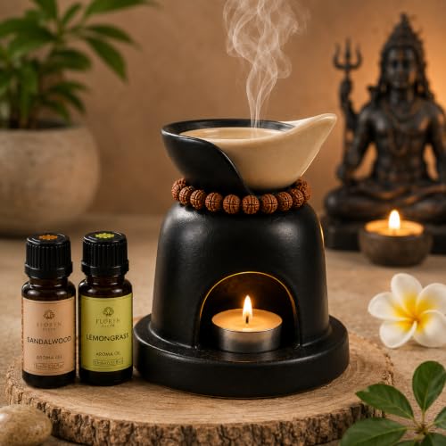 Image of Floryn Decor Divine Aroma Diffuser Gift Set, Ceramic Oil Burner with Rudraksha Mala, 2 x 10ml Aroma Oils (Sandalwood & Lemongrass), 2 Unscented Tealight Candles for Home Decor