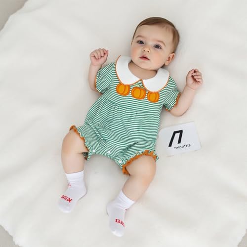 Newborn Baby Girl Halloween Outfit Pumpkin Embroidery Bubble Romper Waffle Striped Short Sleeve Bodysuit Clothes2