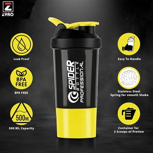 Image of Zyro Spider Gym Shaker Bottle, Shakers for Protein Shake 500 Ml with 1 Storage Compartment Gym protein shaker for workout (Pack of 1,Yellow)