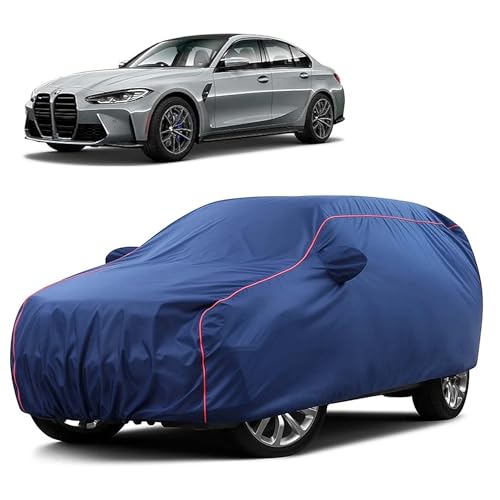 Image of Sulfar 100% Water Resistant Car Body Cover Compatible with Mirror for BMW M3 (Triple Stitched, Full Bottom Elastic, Blue Taffeta with Red Piping)