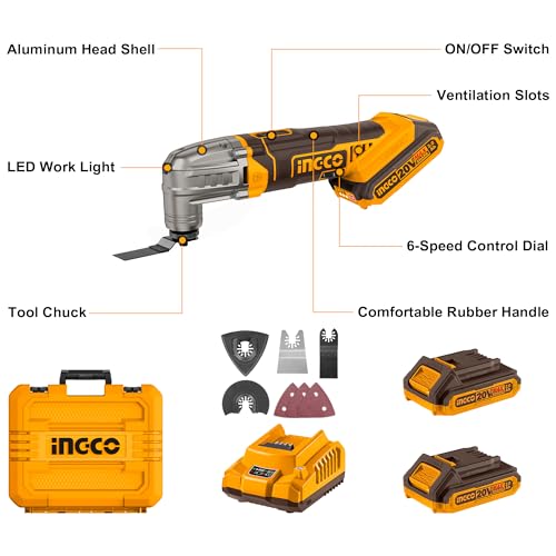 INGCO 20V Cordless Oscillating Multi Tool, 6 Variable Speed, 5000-20000 RPM, 3.2° Oscillation Angle, Electric Multi Tool with 2Pcs 2.0Ah Battery and Charger for Sawing, Cutting, Sanding 3 INGCO 20V Cordless Oscillating Multi Tool, 6 Variable Speed, 5000-20000 RPM, 3.2° Oscillation Angle, Electric Multi Tool with 2Pcs 2.0Ah Battery and Charger for Sawing, Cutting, Sanding - Image 3