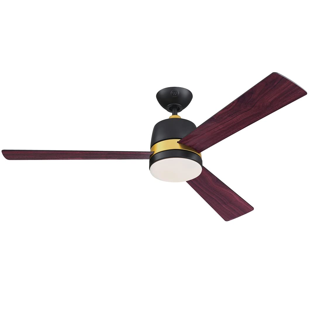 Westinghouse Lighting 73039 Tristan, moderno ventilatore da soffitto con luce e telecomando, 132 cm, finitura nera opaca con accenti dorati, vetro smerigliato opale