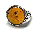 Bernstein Cabochon rund Silberring Bernstein 925 rhodiniert MusterungUnikat Ranken Schmuckring #62