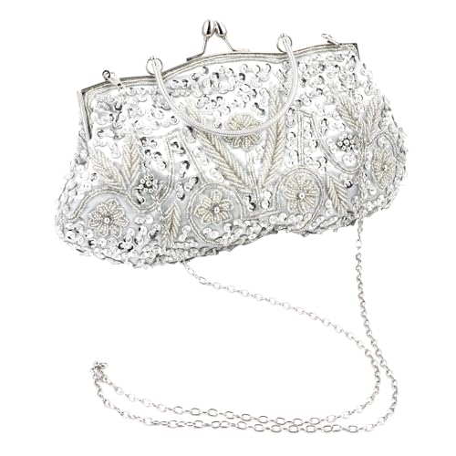 Pochette brodée main en perles argentées, l'élégance rétro
