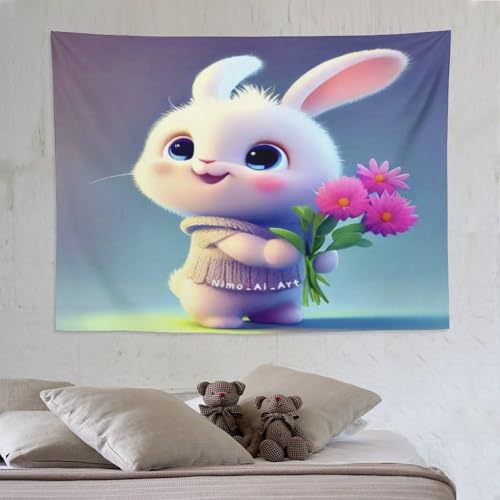 Tapisserie lapin pour habiller un mur vide sans peindre ni percer le salon