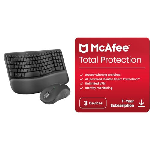 Logitech Wave Keys MK670 Combo, Wireless Ergonomic Keyboard with Signature M550 L Wireless Mouse + McAfee Total Protection 2024 | 3 Device | Cybersecurity Software