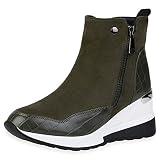 VAN HILL Damen Leicht Gefütterte Sneaker Wedges Zipper Kroko Profilsohle Schuhe Keilabsatz Freizeitschuhe 198597 Olivgrün Kroko 37