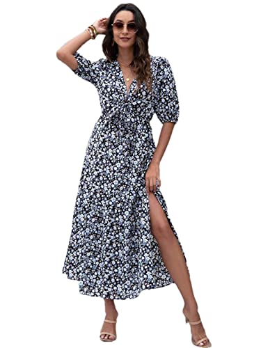Robe longue d'été noire pour femme avec col en V et fente latérale taille S