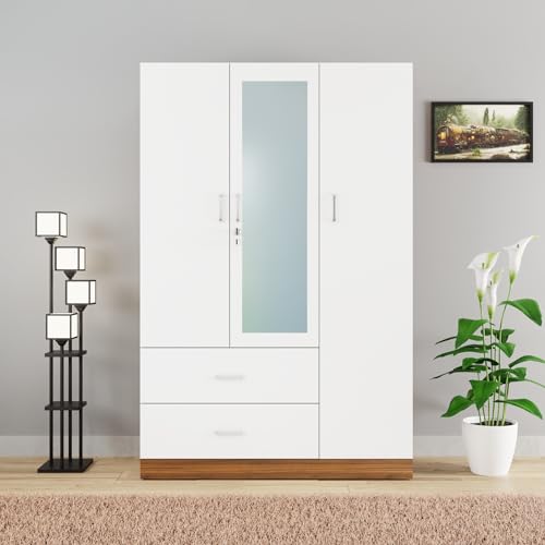 Image of VIKI Wardrobe | Wooden Almirah for Clothes,Door for Bedroom, 3 Door Wardrobe with Drawer, Mirror & Hanging Space (Brussel Walnut, Frosty White - 40D x 120W x 180H) | 1 Year Warranty | Free Assembly