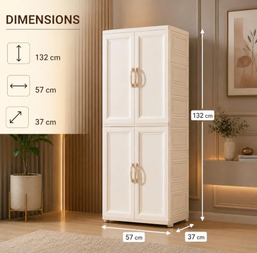 Image of Kids Plastic Wardrobe for Clothes Storage | Baby Cupboard & Almirah with Hanging Rod & Shelves | Portable Collapsible Storage Cabinet for Bedroom | Cartoon Kids Wardrobe