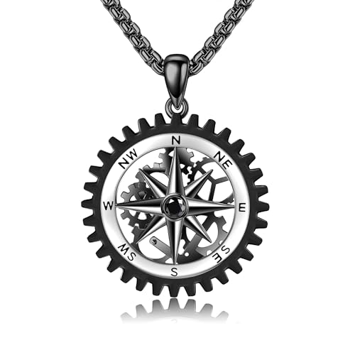 Compass Necklace for Men 925 Sterling Silver Black Compass Pendant for Men Compass Jewelry Gifts for Father Husband Boyfriend