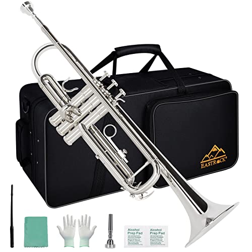 EASTROCK Bb Trumpet Standard Trumpet Set with Carrying Case Gloves 7C Mouthpiece and Cleaning Kit (Nickel Plated)